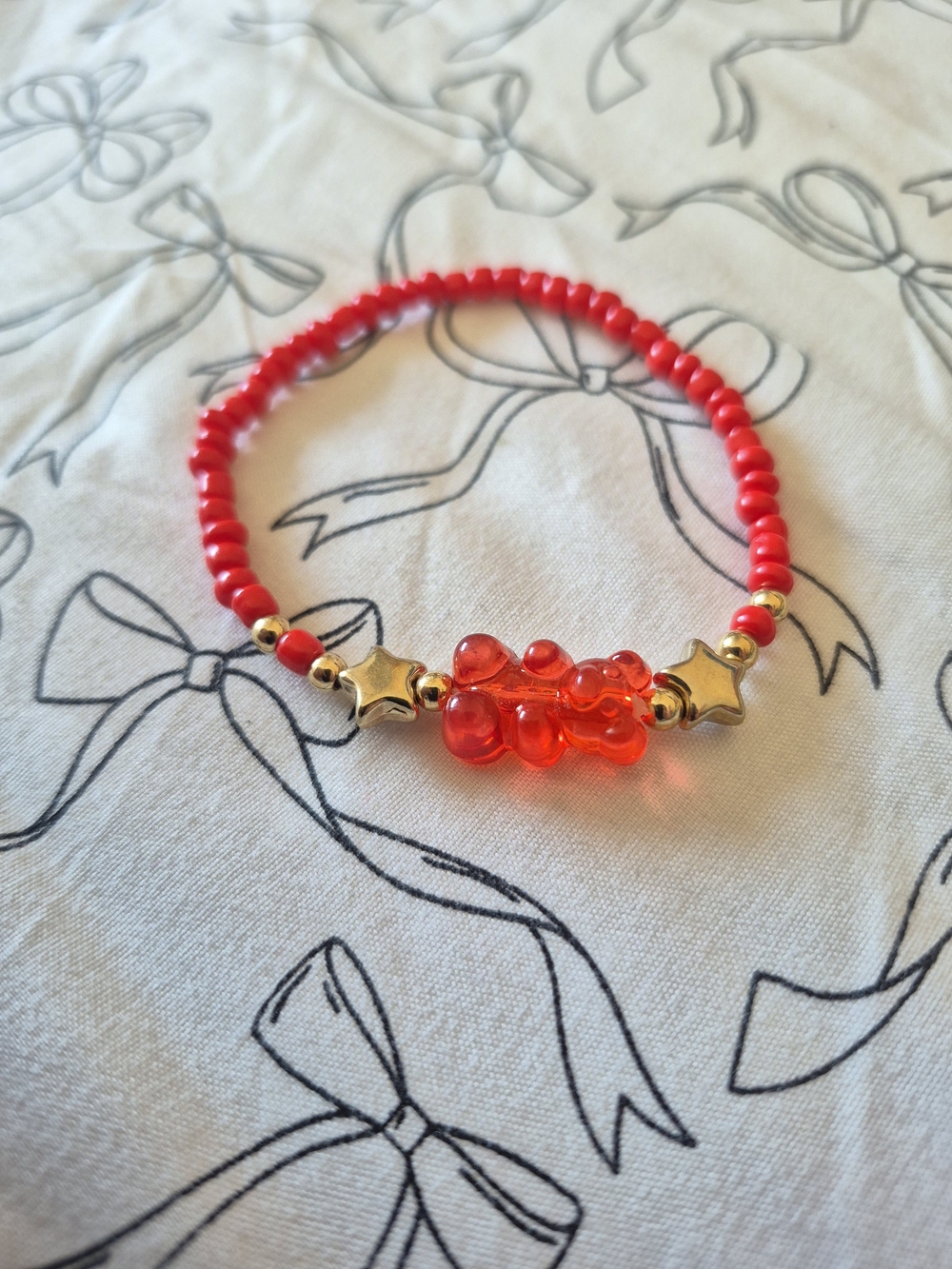 Cute Red Beaded Gummy Bear Bracelet Gold Stars 7" Diameter Adult Fit & Kids 8+